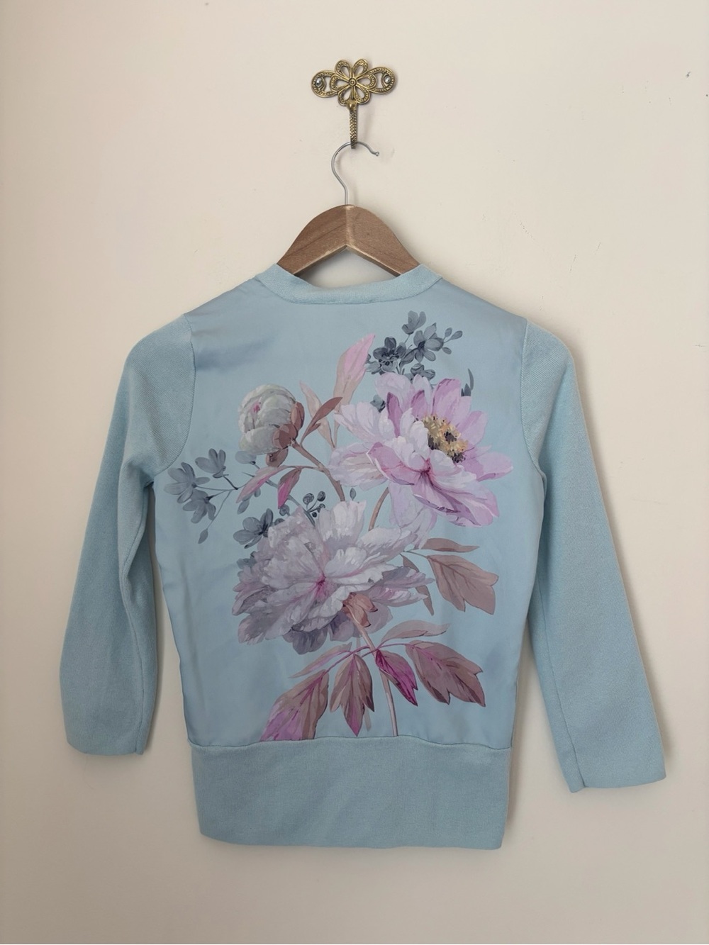 Ted Baker Blue Floral Print Silk Blend Cardigan Sweater Sz 0 XS